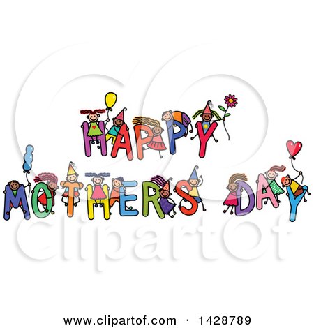Clipart of a Doodled Sketch of Children Playing on the Greeting Happy Mothers Day - Royalty Free Vector Illustration by Prawny