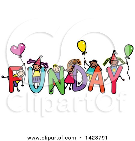 Clipart of a Doodled Sketch of Children Playing on the Word Funday - Royalty Free Vector Illustration by Prawny