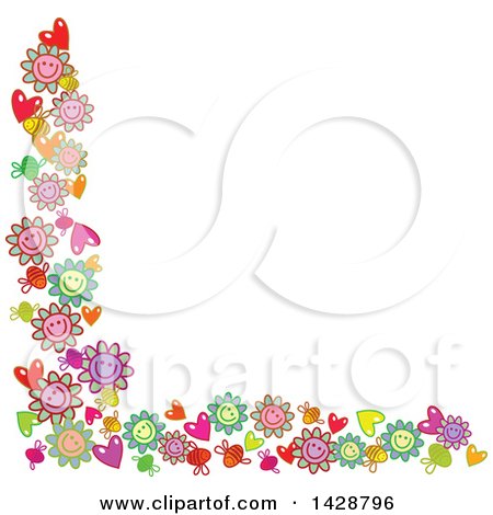 Clipart of a Border of Happy Flowers, Bees and Hearts - Royalty Free Vector Illustration by Prawny