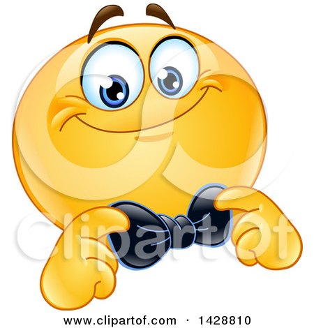 Clipart of a Cartoon Yellow Smiley Emoji Emoticon Face Adjusting His Bow Tie - Royalty Free Vector Illustration by yayayoyo