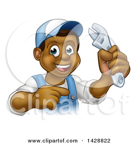 Clipart of a Cartoon Happy Black Male Plumber Holding an Adjustable Wrench and Pointing - Royalty Free Vector Illustration by AtStockIllustration
