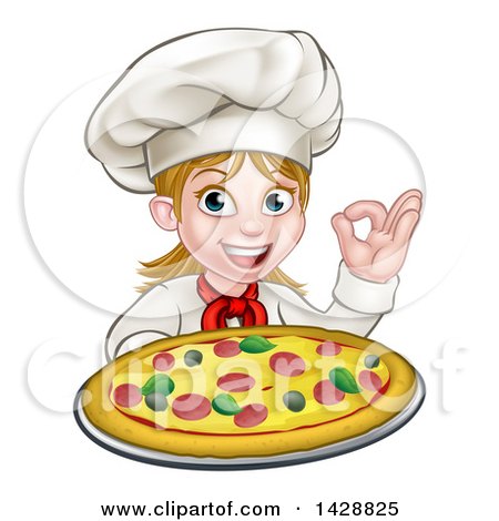Clipart of a Cartoon Happy White Female Chef Gesturing Perfect and Holding up a Pizza - Royalty Free Vector Illustration by AtStockIllustration