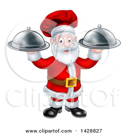 Clipart of a Christmas Santa Claus Chef Holding Two Cloche Platters - Royalty Free Vector Illustration by AtStockIllustration