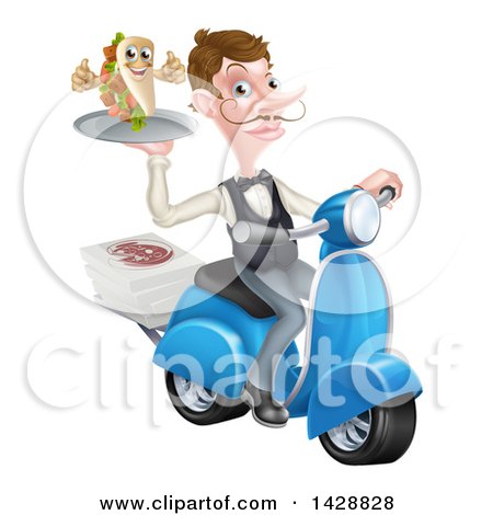 Clipart of a White Male Waiter Holding a Souvlaki Kebab Sandwich on a Scooter - Royalty Free Vector Illustration by AtStockIllustration