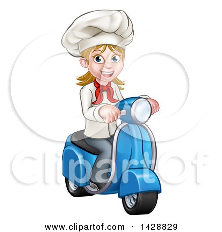 Clipart of a Cartoon Happy White Female Chef Riding a Scooter - Royalty Free Vector Illustration by AtStockIllustration