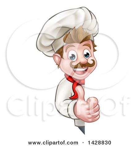 Clipart of a Cartoon Happy White Male Chef Giving a Thumb up Around a Sign - Royalty Free Vector Illustration by AtStockIllustration