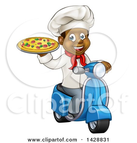 Clipart of a Cartoon Happy Black Male Chef Holding a Pizza and Riding a Scooter - Royalty Free Vector Illustration by AtStockIllustration