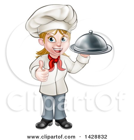Clipart of a Cartoon Happy White Female Chef Holding a Cloche Platter and Giving a Thumb up - Royalty Free Vector Illustration by AtStockIllustration