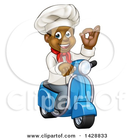Clipart of a Cartoon Happy Black Male Chef Gesturing Perfect and Riding a Scooter - Royalty Free Vector Illustration by AtStockIllustration