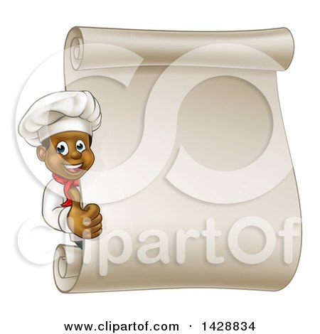 Clipart of a Cartoon Happy Black Male Chef Giving a Thumb up Around a Blank Scroll Menu - Royalty Free Vector Illustration by AtStockIllustration