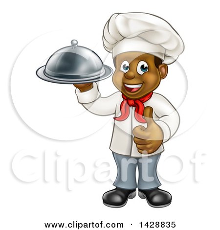 Clipart of a Happy Young Black Male Chef Holding a Cloche Platter and Giving a Thumb up - Royalty Free Vector Illustration by AtStockIllustration