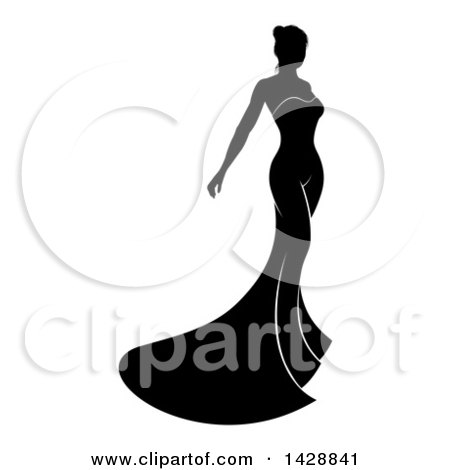 Clipart of a Silhouetted Black and White Bride in a Wedding Gown - Royalty Free Vector Illustration by AtStockIllustration