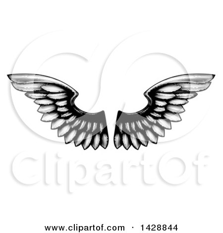 Clipart of a Pair of Black and White Etched Wings - Royalty Free Vector Illustration by AtStockIllustration
