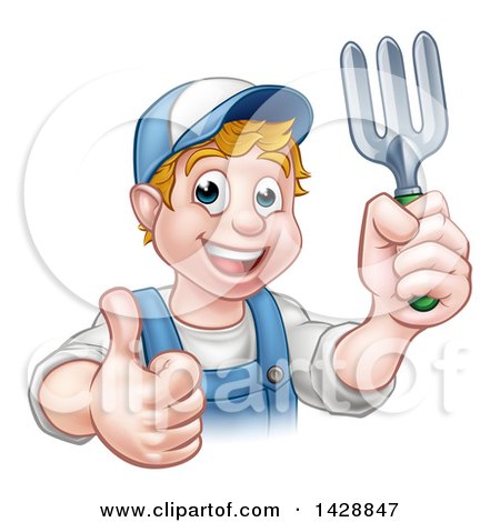 Clipart of a Cartoon Happy White Male Gardener in Blue, Holding a Garden Fork and Giving a Thumb up over a Sign - Royalty Free Vector Illustration by AtStockIllustration