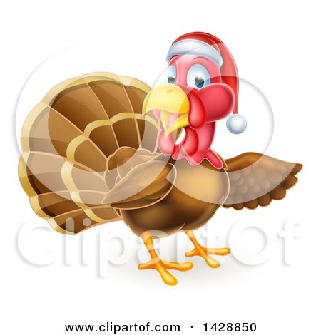 Clipart of a Christmas Turkey Bird Wearing a Santa Hat and Pointing - Royalty Free Vector Illustration by AtStockIllustration