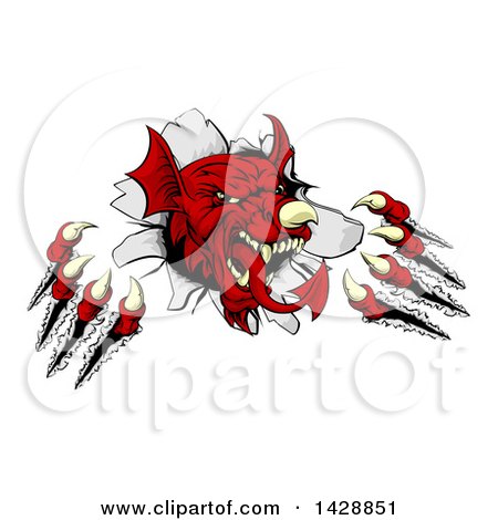 Clipart of a Fierce Red Welsh Dragon Mascot Shredding Through a Wall - Royalty Free Vector Illustration by AtStockIllustration
