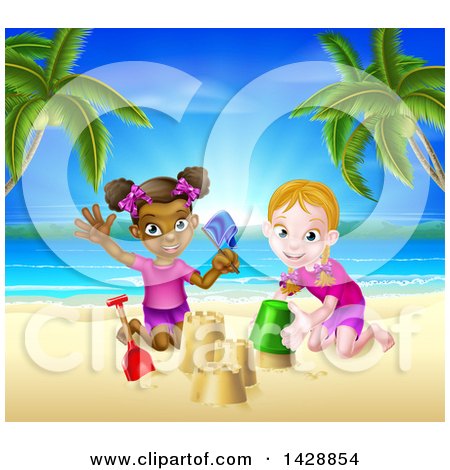 Clipart of Happy White and Black Girls Playing and Making Sand Castles on a Tropical Beach - Royalty Free Vector Illustration by AtStockIllustration