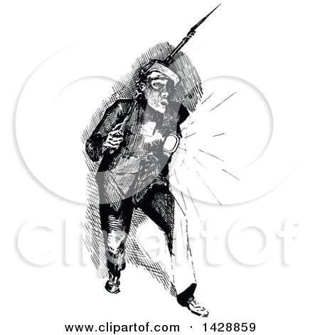 Clipart of a Vintage Black and White Sketched Soldier Walking in the Night - Royalty Free Vector Illustration by Prawny Vintage
