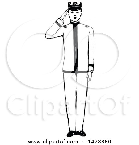 Clipart of a Vintage Black and White Sketched Saluting Soldier - Royalty Free Vector Illustration by Prawny Vintage