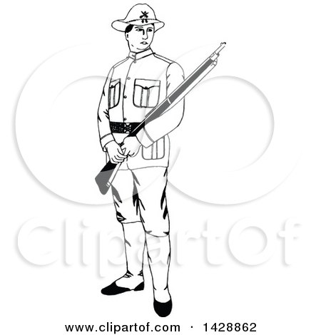 Clipart of a Vintage Black and White Sketched Soldier Holding a Rifle - Royalty Free Vector Illustration by Prawny Vintage