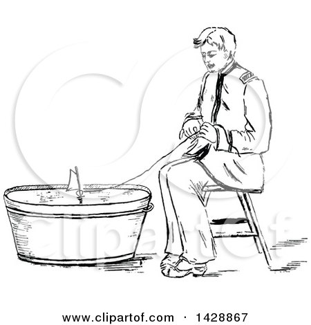 Clipart of a Vintage Black and White Sketched Man Playing with a Boat in a Bucket - Royalty Free Vector Illustration by Prawny Vintage