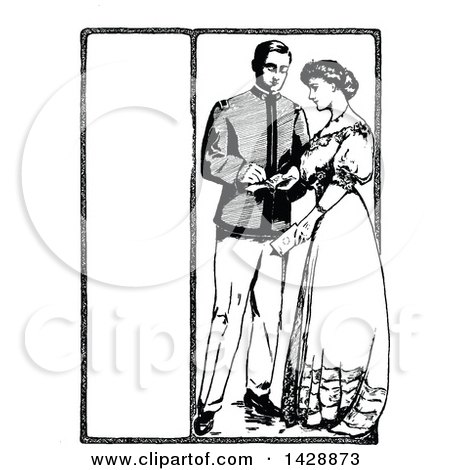 Clipart of a Vintage Black and White Sketched Soldier and Woman - Royalty Free Vector Illustration by Prawny Vintage