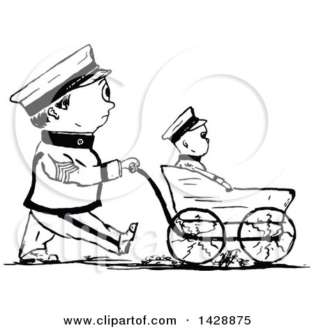 Clipart of a Vintage Black and White Sketched Male Soldier Walking His Son in a Stroller - Royalty Free Vector Illustration by Prawny Vintage