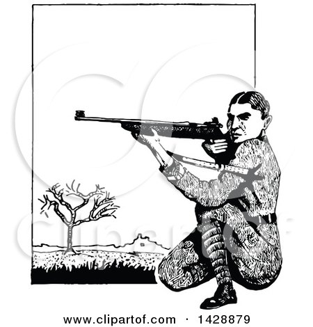Clipart of a Vintage Black and White Sketched Soldier Shooting - Royalty Free Vector Illustration by Prawny Vintage