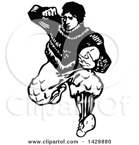 Clipart of a Vintage Black and White Man Playing Football - Royalty Free Vector Illustration by Prawny Vintage