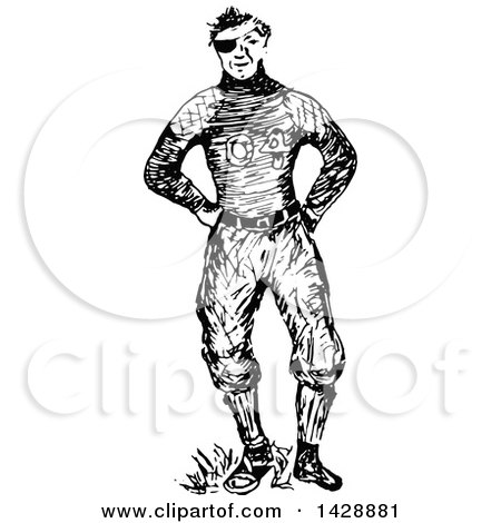 Clipart of a Vintage Black and White Sketched Beat up Football Player - Royalty Free Vector Illustration by Prawny Vintage