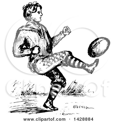 Clipart of a Vintage Black and White Sketched Man Playing Football - Royalty Free Vector Illustration by Prawny Vintage