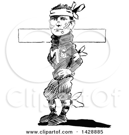 Clipart of a Vintage Black and White Sketched Football Player - Royalty Free Vector Illustration by Prawny Vintage