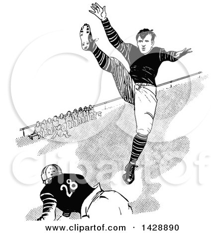 Clipart of Vintage Black and White Sketched Football Players - Royalty Free Vector Illustration by Prawny Vintage