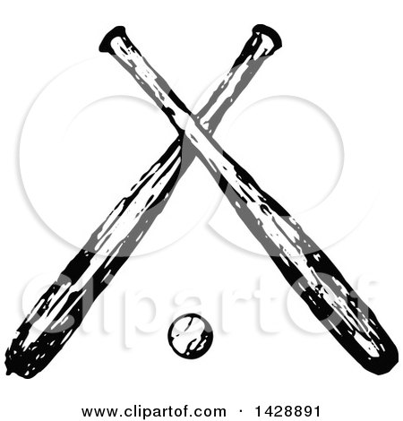 Clipart of a Vintage Black and White Sketched Baseball and Crossed Bats - Royalty Free Vector Illustration by Prawny Vintage