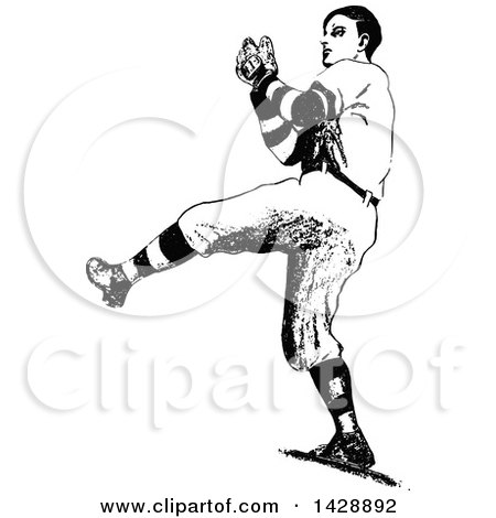 Clipart of a Vintage Black and White Sketched Baseball Player - Royalty Free Vector Illustration by Prawny Vintage