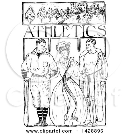 Clipart of a Vintage Black and White Sketched Woman and Men with Athletics Text - Royalty Free Vector Illustration by Prawny Vintage