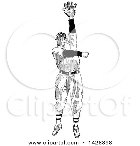Clipart of a Vintage Black and White Sketched Baseball Player - Royalty Free Vector Illustration by Prawny Vintage