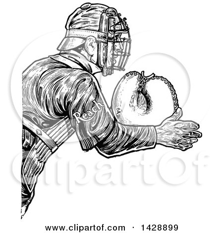 Clipart of a Vintage Black and White Sketched Baseball Player Catcher with Reach Text on His Arm - Royalty Free Vector Illustration by Prawny Vintage