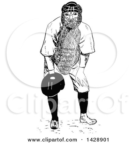 Clipart of a Vintage Black and White Sketched Baseball Player Catcher - Royalty Free Vector Illustration by Prawny Vintage