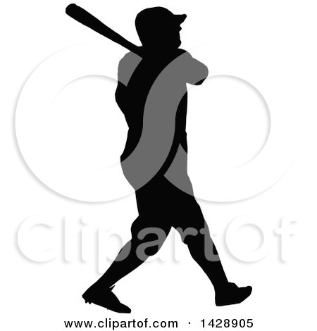 Clipart of a Vintage Black and White Silhouetted Batting Baseball Player - Royalty Free Vector Illustration by Prawny Vintage