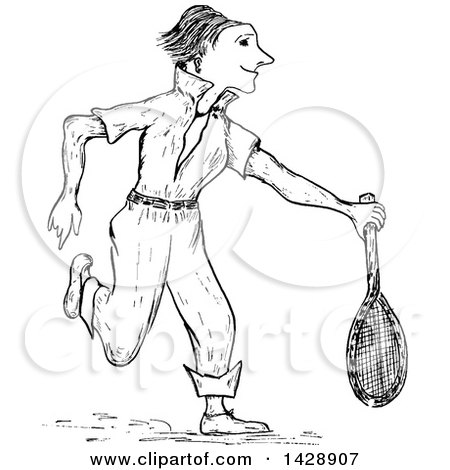 Clipart of a Vintage Black and White Sketched Tennis Player - Royalty Free Vector Illustration by Prawny Vintage