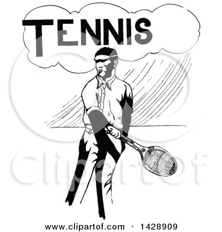 Clipart of a Vintage Black and White Sketched Tennis Player - Royalty Free Vector Illustration by Prawny Vintage
