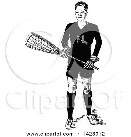 Clipart of a Vintage Black and White Sketched Lacrosse Player - Royalty Free Vector Illustration by Prawny Vintage