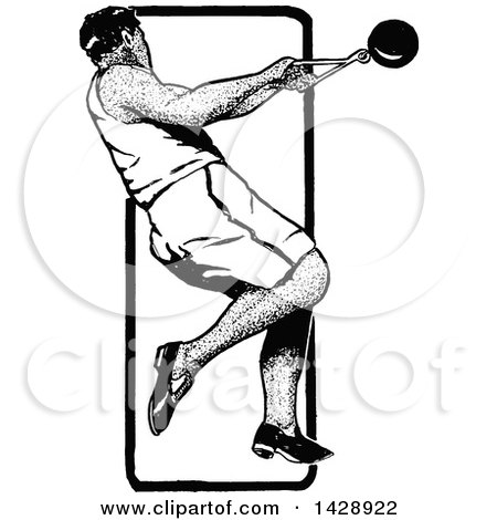 Clipart of a Vintage Black and White Sketched Track and Field Hammer Throw Athlete - Royalty Free Vector Illustration by Prawny Vintage