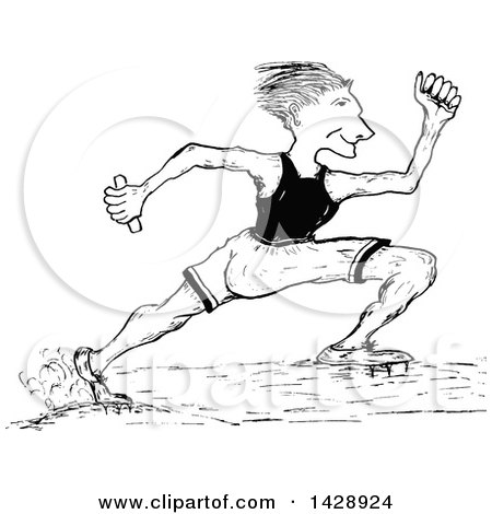 Clipart of a Vintage Black and White Sketched Track and Field Athlete Runing - Royalty Free Vector Illustration by Prawny Vintage