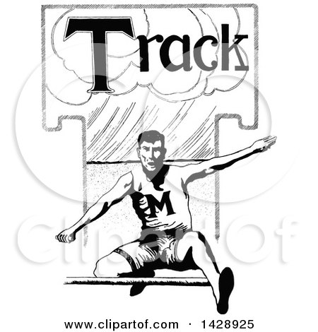 Clipart of a Vintage Black and White Sketched Track Athlete Leaping a Hurdle - Royalty Free Vector Illustration by Prawny Vintage