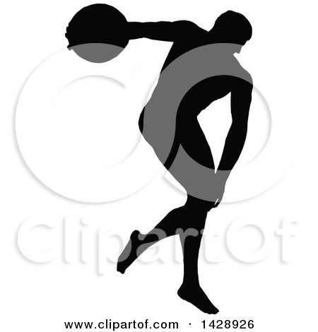 Clipart of a Vintage Black Silhouetted Discus Throw Athlete - Royalty Free Vector Illustration by Prawny Vintage