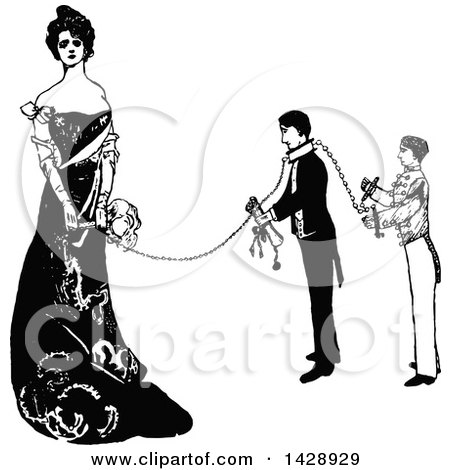 Clipart of a Vintage Black and White Sketched Lady Chained to Two Men - Royalty Free Vector Illustration by Prawny Vintage