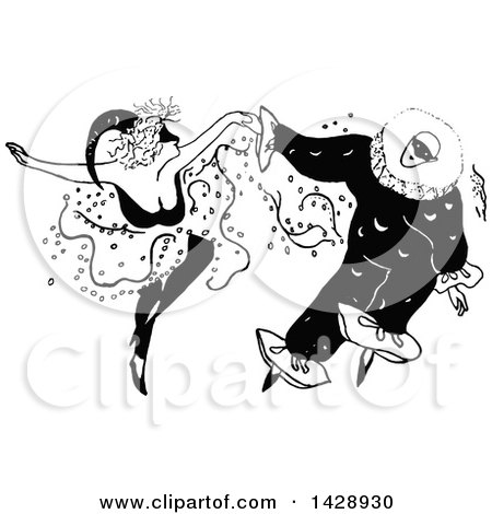 Clipart of a Vintage Black and White Sketched Clown Couple Dancing - Royalty Free Vector Illustration by Prawny Vintage