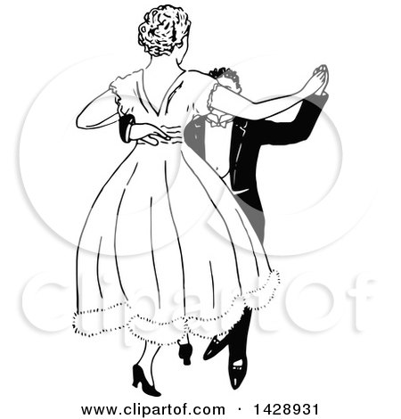 Clipart of a Vintage Black and White Sketched Couple Dancing - Royalty Free Vector Illustration by Prawny Vintage